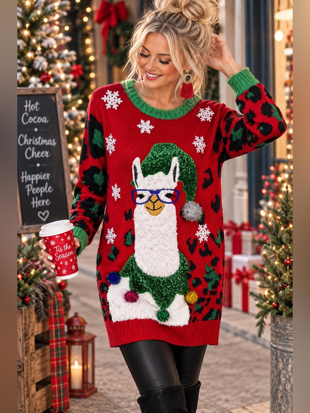 33 Degrees Ugly Christmas Sweater Small Llama Leopard Sequin Pom Pom Tunic